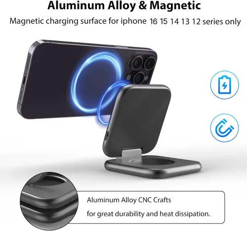 Vista 3 de KUXIU - Mini cargador inalámbrico plegable 2 en 1 para Apple, estación de carga magnética de aleación de aluminio compatible con iPhone