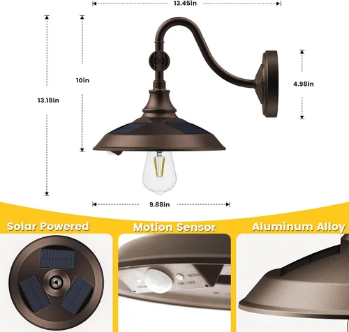 Vista 4 de SIEDiNLAR Luz solar de granero para exteriores con 3 modos, luz de granero vintage de aluminio con cuello de cisne para pared, sensor de movimiento