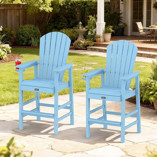 Vista 8 de VINGLI Silla Adirondack alta, silla Adirondack de plástico para todo tipo de clima con portavasos, taburetes de bar resistentes para exteriores Azul