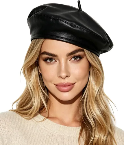 Vista 13 de MINGSEECESS Mujeres PU cuero francés negro boina sombrero Causal Beanie Hat Cinturón-marrón