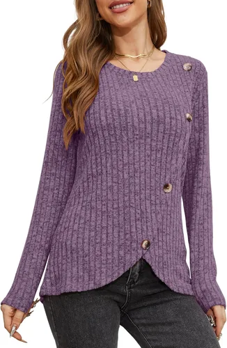 Vista 2 de DouBCQ Blusa casual de manga larga para mujer, con botones de moda, dobladillo lateral de tulipán