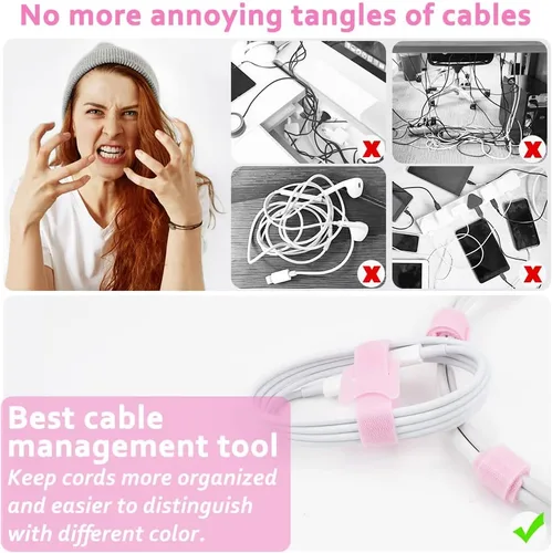 Vista 2 de 70 bridas de cables reutilizables color rosa, para organizar cables, reutilizables, para electrónica, de gancho y bucle para computadora, de 4, 6, 8