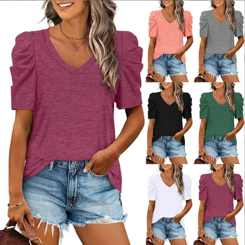 Vista 7 de Puff Sleeve Tops for Women,Womens V Neck Puff Sleeve Blouse,Womens Summer Shirt,Womens Tops Summer Puff Sleeve Tshirts