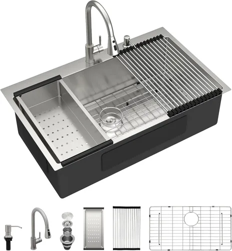 Vista 10 de Dcolora Fregadero de cocina empotrado de 25 pulgadas con grifo, fregadero pequeño de acero inoxidable de sobreponer, fregaderos de preparación