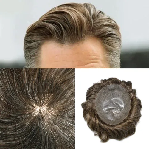 Vista 515 de Toupee para hombre 100% cabello humano real tupé para hombres 0.004 in piel de poliuretano para hombre, sistema de reemplazo de piezas de pelo