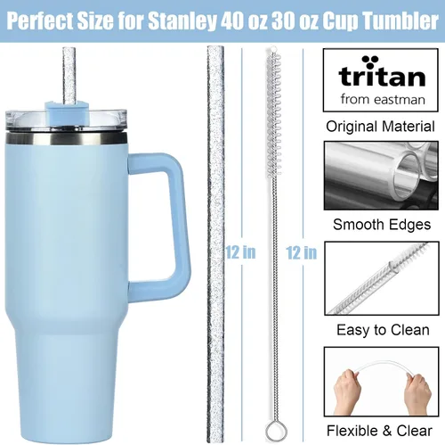 Vista 2 de ALINK Pajitas reutilizables con purpurina para vaso Stanley de 40 onzas y 30 onzas, popotes de plástico duro de 12 pulgadas de largo, popote