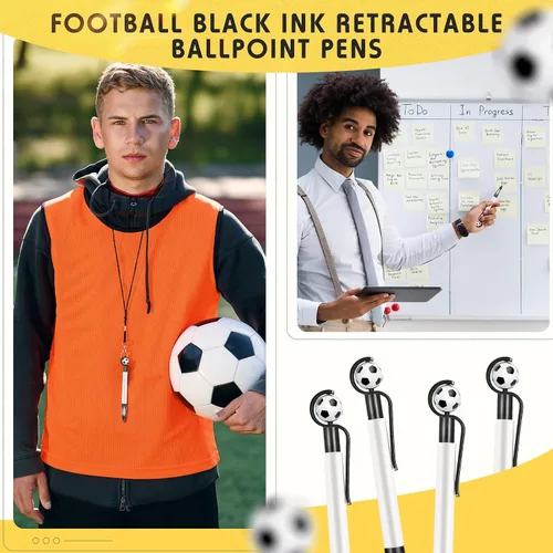 Vista 2 de Dianelhall 20 bolígrafos de fútbol para fiestas de fútbol, retráctiles, multicolor, punta media de 0.039 pulgadas, agarre suave, para fiesta de Negro