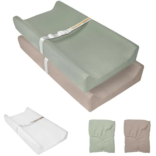 Vista 7 de Cambiador de muselina para bebé, paquete de 2 fundas de muselina de algodón suave y forro impermeable de espuma, almohadilla para mesa cambiadora
