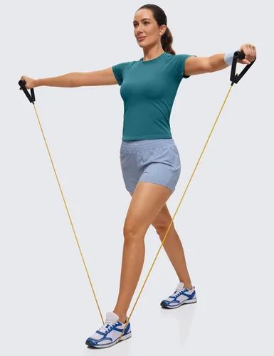 Vista 3 de CRZ YOGA Camisetas de entrenamiento sin costuras para mujer, transpirables, de manga corta, para gimnasio, correr, yoga, atléticas