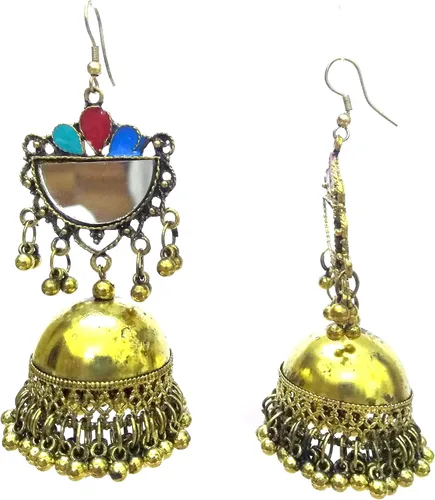 Vista 2 de DESI HAWKER Pendientes Oro Oxidizado Bali Jhumki Jhumka Joyería Bollywood Gota Colgante Espejo NI-92