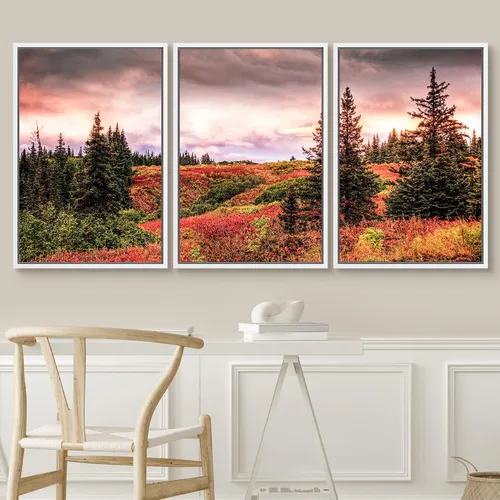 Vista 3 de SIGNWIN Lienzo enmarcado para pared, juego de arte nublado de tormenta, cielo, bosque otoñal, árboles, rústico, naturaleza, fotografía, realismo