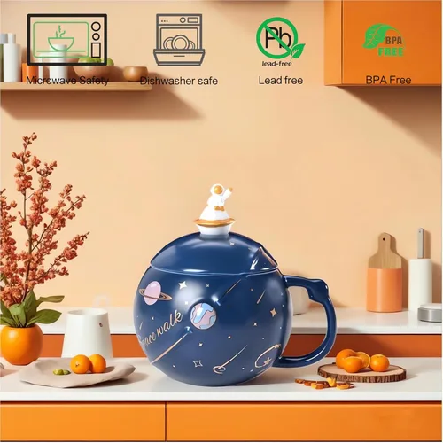 Vista 5 de Taza espacial de cerámica de 13 onzas con tapa y cuchara, taza de café Azul profundo