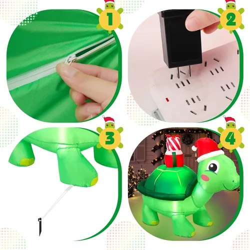 Vista 4 de Shappy - Decoración inflable gigante de Navidad de 1.49 m con tortuga con gorro de Papá Noel, decoración inflable con luces LED de Navidad