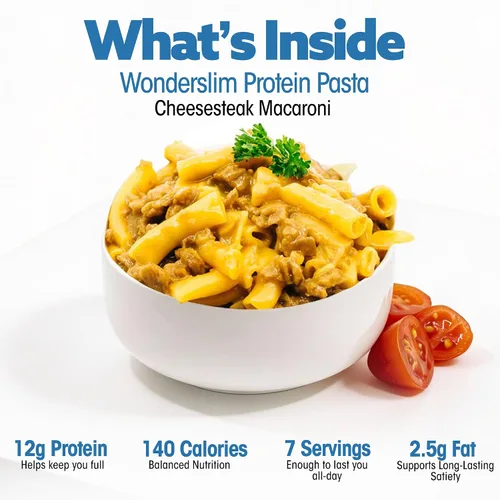 Vista 4 de WonderSlim Pasta de Proteína, Macarrones con Queso y Filete, 140 Calorías, 12g de Proteína (7 unidades)
