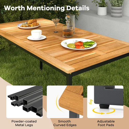 Vista 8 de Tangkula Mesa de comedor de madera de acacia de 55 pulgadas para 6, mesa rectangular para exteriores con patas de metal resistente y agujero