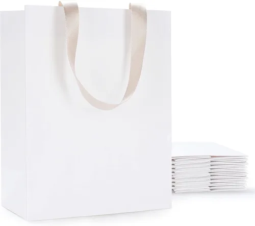 Vista 15 de Bolsas de regalo negras con asas, 10 bolsas de papel kraft de 5.25 x 3.75 x 8 pulgadas para bodas, fiestas, negocios, venta al por menor Negro