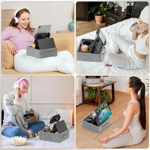 Vista 7 de KDD Soporte de almohada para tableta, soporte ajustable para iPad para cama, regazo y escritorio con dos portavasos y bandeja de almacenamiento