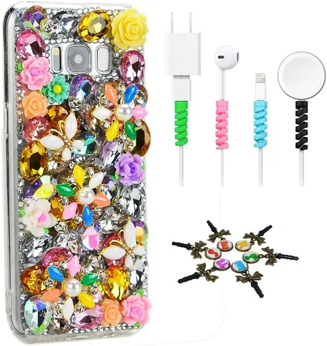 Vista 17 de Sparkle - Funda compatible con Samsung Galaxy S21 Ultra, elegante, diseño 3D hecho a mano con diseño de flores de libélula y flores con protector