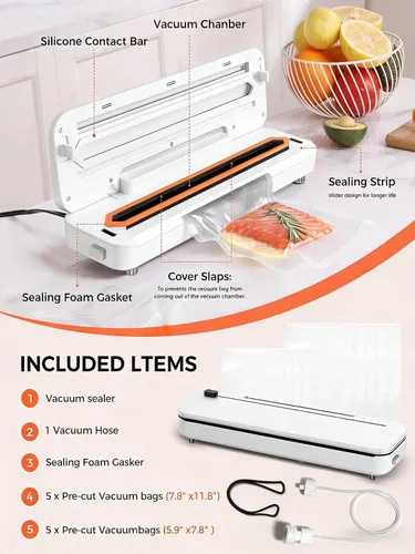 Vista 6 de Máquina selladora al vacío de 75 KPa para alimentos con modos seco/húmedo 6 en 1 y temporizador digital, diseño compacto y ligero, cortador