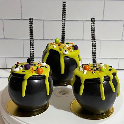 Vista 7 de 32 PIEZAS de Palitos de Manzana de Caramelo Brillantes de Bambú, Brochetas de Punta de Madera con Envoltura de Malla de Diamantes y Pedrería Negro