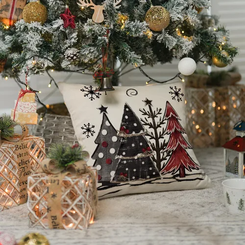 Vista 3 de AVOIN colorlife Funda de cojín decorativo de árboles de Navidad a cuadros búfalo rojos y negros acuarela, 16 x 16 pulgadas, funda de cojín