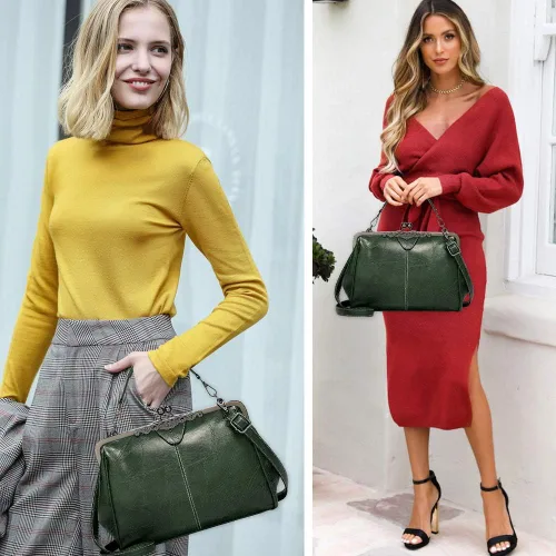 Vista 2 de Bolso vintage Kiss Lock para mujer, de cuero aceitado, bolso de mano