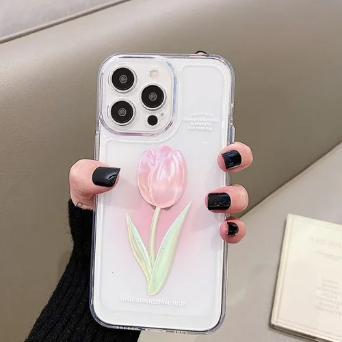 Vista 5 de Funda para iPhone 13 Pro Max, bonita funda estética de tulipanes rosas transparentes para mujeres y niñas