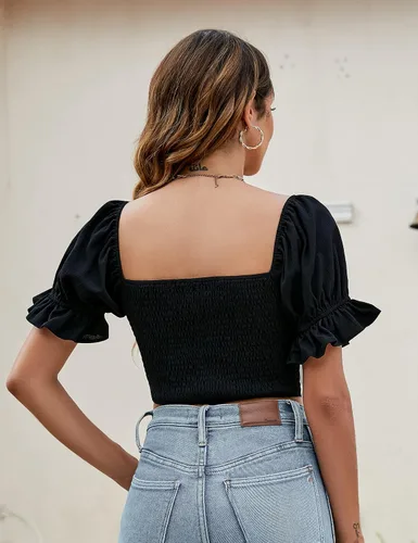 Vista 3 de BMJL Linda blusa corta para mujer, de manga abombada, fruncida, a la moda
