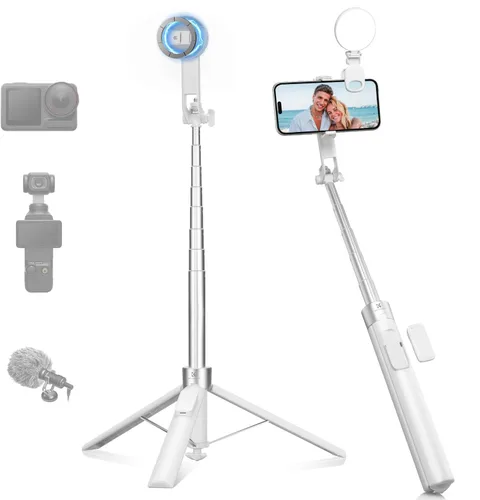 Vista 12 de K&F CONCEPT Trípode de teléfono de 72 pulgadas, clip y palo magnético para selfie con luz de relleno y control remoto, soporte de trípode automático