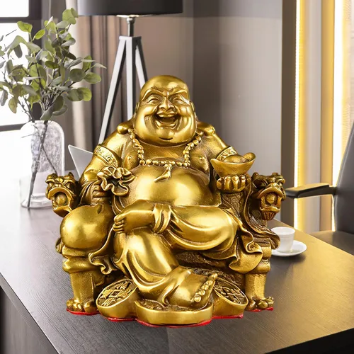 Vista 6 de Brass Statu BRABUD Feng Shui - Estatua de Buda sonriente hecha a mano sentado en la silla del emperador, escultura para el hogar