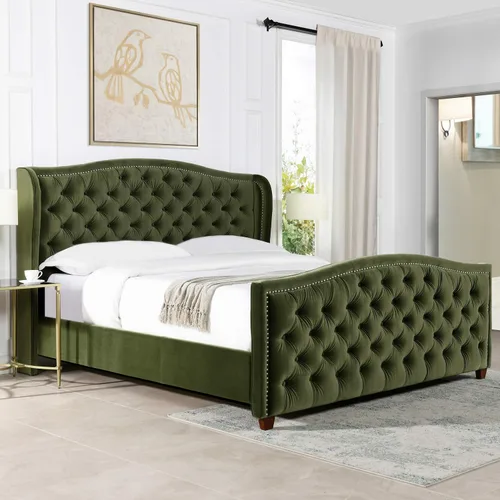 Vista 27 de Jennifer Taylor Home - Cama Anastasia de tamaño Queen de terciopelo resistente en color verde oliva Terciopelo de rendimiento verde oliva