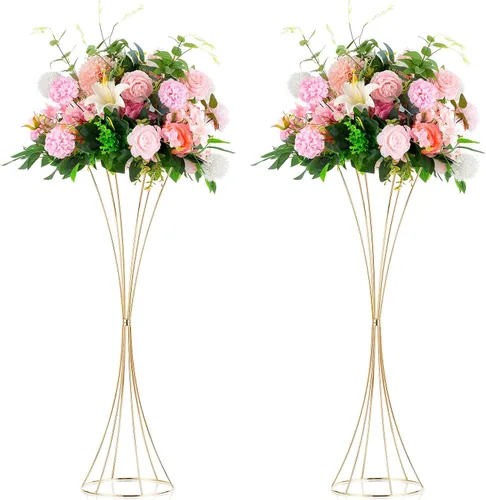 Vista 12 de NUPTIO 2 centros de mesa de boda para mesas, jarrón de trompeta de metal de 19.7 pulgadas de alto, jarrones dorados para centros de mesa, estante