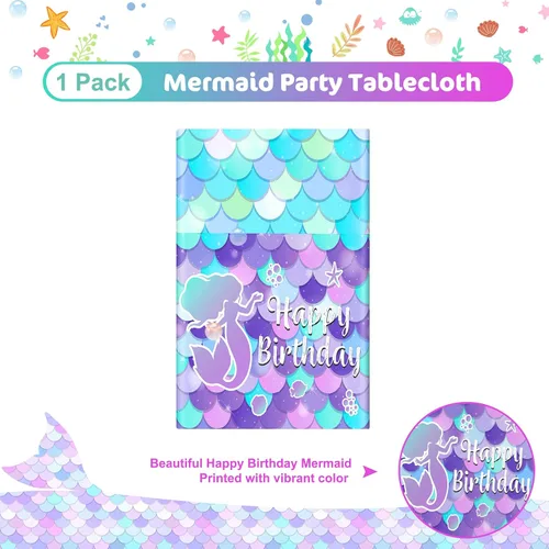 Vista 4 de 1 mantel de sirena – Mantel de sirena de feliz cumpleaños, mantel rectangular de plástico desechable con diseño de sirenas para decoración