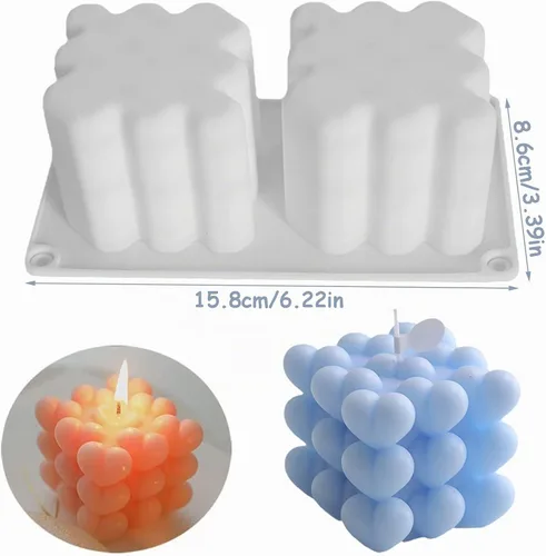 Vista 2 de Molde de vela de silicona con forma de corazón de 2 cavidades, molde de burbujas geométricas 3D para hacer velas, jabón de resina, moldes de corazón