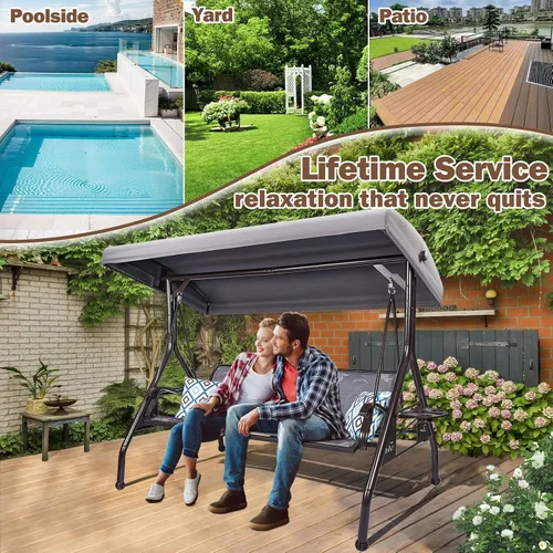 Vista 6 de ZZW Columpio de Patio para 3 Personas Columpio Exterior para Adultos con Toldo Ajustable y Portavasos Mejorados Tela Textilene Silla Columpio de Gris