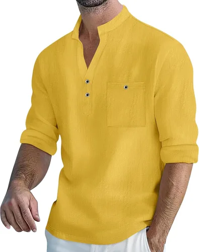 Vista 10 de Men's Henley Shirts Roll-Up Long Sleeve Band Collar Tops Casual Breathable Summer Beach Tees for