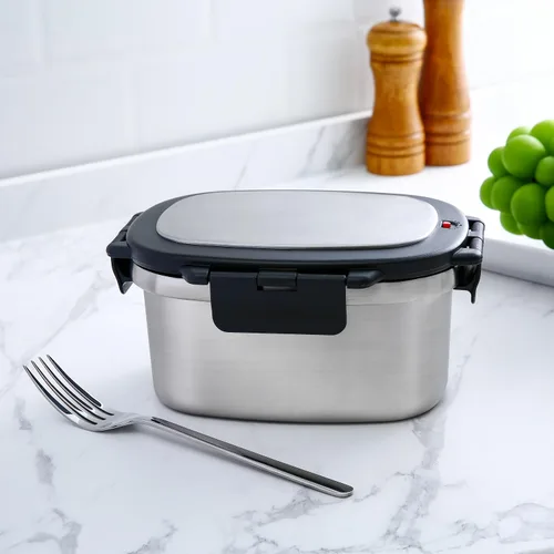 Vista 2 de Contenedor de alimentos aislado de 33 onzas, lonchera de acero inoxidable con divisor extraíble Plateado