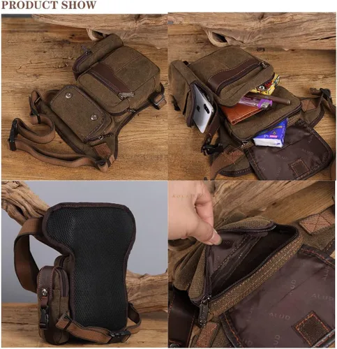 Vista 4 de Riñonera de lona para hombres y mujeres, cangurera táctica militar, bolsa de muslo para senderismo, escalada, ciclismo., Café, Riñonera de pierna