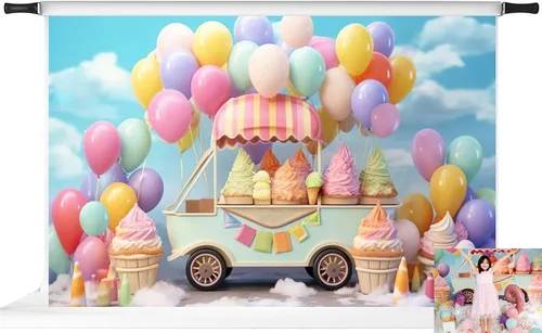 Vista 9 de Kate Telón de fondo de globo de helado para automóvil, decoración de fiesta de cumpleaños para niños, fondo de fotografía de 6.5 x 6.5 pies