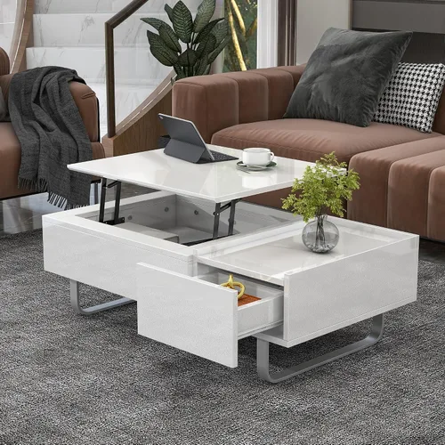 Vista 20 de Mesa de centro moderna con vidrio templado, mesa de cóctel de madera con superficie UV de alto brillo, mesa central rectangular modernista de 2 Negro