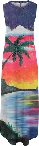 Vista 4 de Ceboyel Vestido de verano floral de hoja de palma para mujer, bonito vestido largo sin mangas, vestidos hawaianos, ropa de vacaciones en la isla 2023