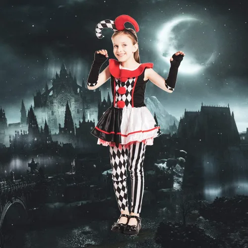 Vista 5 de ReneeCho Disfraz de payaso de bufón para niña disfraz de payaso de circo aterrador vestido tutú ajustado