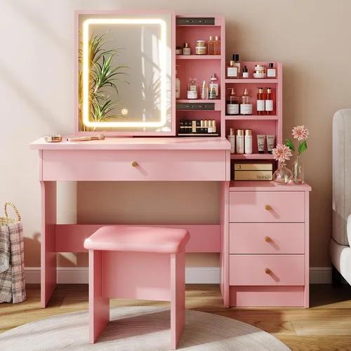 Vista 9 de Escritorio de tocador con espejo y luces, tocador de maquillaje con 3 modos de iluminación ajustables, escritorio de tocador pequeño con espejo