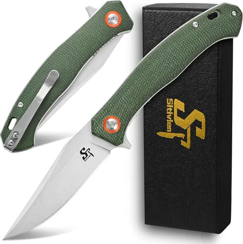 Vista 8 de Sitivien ST112 Cuchillo plegable, hoja D2 y mango de micarta, cuchillo herramienta EDC con clip de bolsillo para camping al aire libre, senderismo