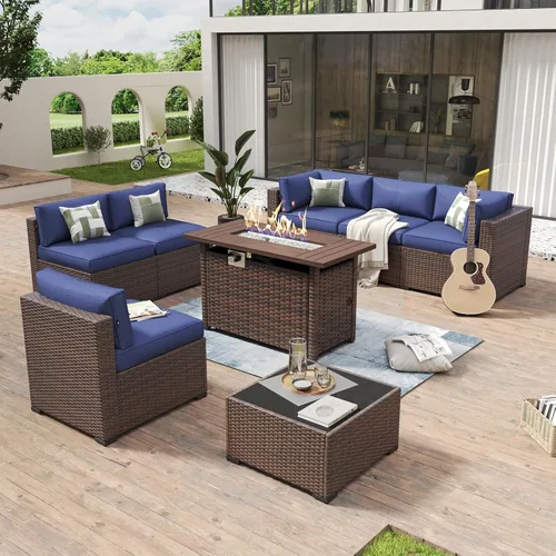 Vista 34 de Aoxun - Juego de 7 piezas de muebles de patio de mimbre de ratán, conjunto de sofá modular para conversación de patio con mesa de café y cojines