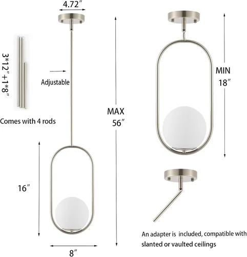 Vista 4 de BYOLIIMA Lámpara Colgante Moderna de Globo Níquel Cepillado Candelabro 1-Luz Mediados de Siglo Luminaria Colgante de Techo Pantallas de Vidrio