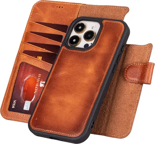 Vista 55 de Bayelon Funda tipo cartera para iPhone 15 Pro, cartera de cuero de grano completo, funda magnética desmontable, tarjetero, funda tipo cartera