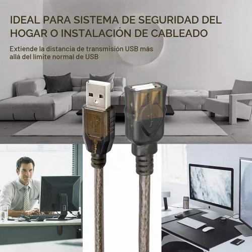 Vista 7 de Cable de extensión USB 2.0 tipo A macho a hembra repetidor activo de 50 pies, alta velocidad 480 Mbps Transparente negro