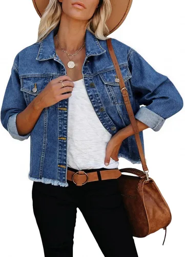Vista 7 de Chaqueta de mezclilla para mujer, desgastada, con botones, con bolsillos.