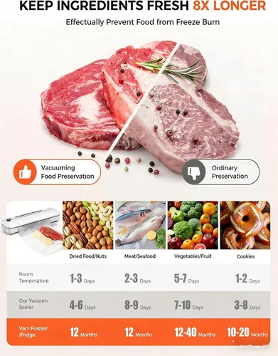 Vista 8 de Máquina selladora al vacío de 75 KPa para alimentos con modos seco/húmedo 6 en 1 y temporizador digital, diseño compacto y ligero, cortador